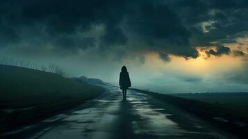 solitaire femme dans Naturel alentours sur une nuageux journée avec une route. silhouette concept photo