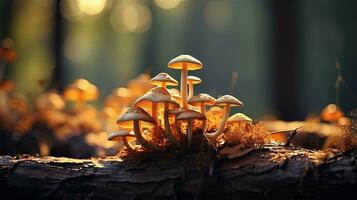 beaucoup grand bois champignons croissance sur une arbre avec une fongique Contexte. silhouette concept photo