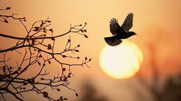une en volant oiseau au milieu de minuscule branches. silhouette concept photo