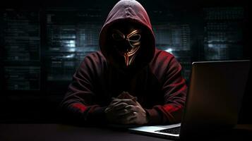 anonyme foncé figure avec boxe gants engageant dans cyber la criminalité et malware Activités avec une concentrer sur l'Internet le piratage et système perturbation. silhouette concept photo