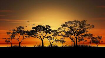 formes de des arbres et les plantes contrastant avec le Soleil s descente. silhouette concept photo