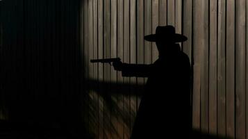 silhouette de un armé Masculin sur une en bois clôture photo
