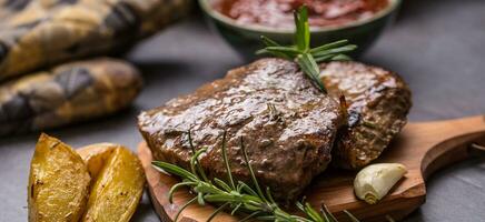 du boeuf grillé steaks avec barbecue sauce rôti patates et ros photo