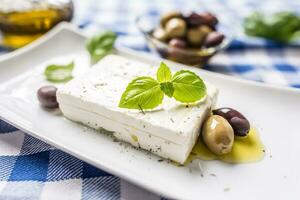 grec fromage feta avec olive pétrole Olives et basilic feuilles photo