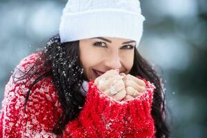 gelé femelle brunette sourit à le caméra en portant congelé mains ensemble photo