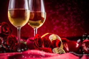 valentines ou mariage concept. du vin tasses rouge des roses et romantique réglage pour deux dans rouge. salutation carte pour jubilé ou anniversaire photo