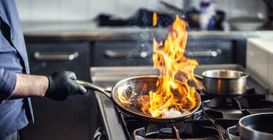 chef en portant la poêle performant flambé sur une plat dans il photo