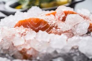 portionné brut Saumon filets dans la glace sur assiette avec citron et Romarin photo