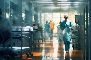 médical personnel en mouvement par hôpital couloir photo