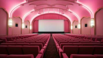 vide rose cinéma salle. vue de vide cinéma écran avec rrose chaises. photo