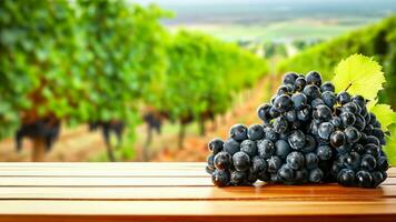 en bois table avec Frais rouge les raisins et gratuit espace sur la nature flou arrière-plan, vignoble champ. généré ai. photo