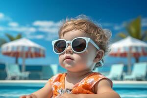 mignonne bébé avec des lunettes de soleil dans nager bassin. été vacances concept ai généré photo