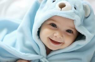 portrait de une mignonne peu garçon sur une bleu en tissu Contexte ai généré photo