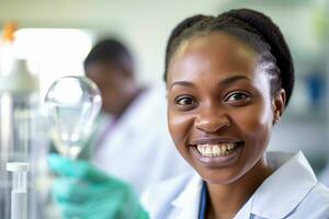 afro américain femelle scientifique médecin essai substances dans laborantin ai généré photo