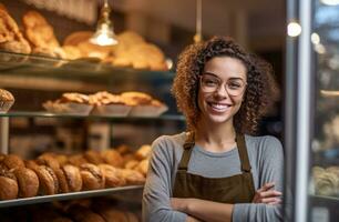 Candide coup de une fier et sur de soi femelle petit affaires propriétaire de une quartier boulangerie avec sa cuit bien ai généré photo