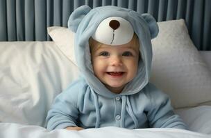 portrait de une mignonne peu garçon sur une bleu en tissu Contexte ai généré photo