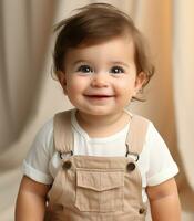 portrait de une mignonne peu bébé dans une chaud marron veste ai généré photo