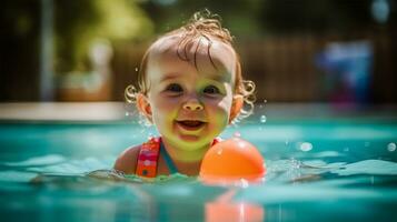 content bébé en jouant dans une nager bassin pendant été vacances ai généré photo