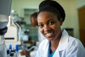 afro américain femelle scientifique médecin essai substances dans laborantin ai généré photo