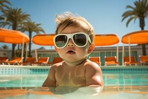 mignonne bébé avec des lunettes de soleil dans nager bassin. été vacances concept ai généré photo