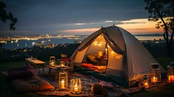 génératif ai, romantique camping avec lanterne lumières, oreillers, couverture. ville vue dans le soir photo