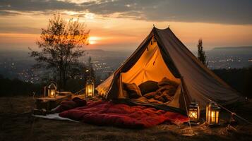 génératif ai, romantique camping avec lanterne lumières, oreillers, couverture. ville vue dans le soir photo