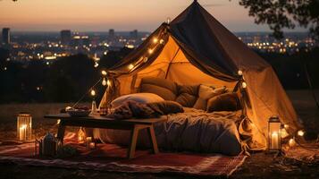 génératif ai, romantique camping avec lanterne lumières, oreillers, couverture. ville vue dans le soir photo