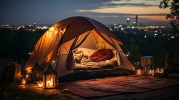 génératif ai, romantique camping avec lanterne lumières, oreillers, couverture. ville vue dans le soir photo