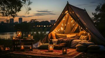 génératif ai, romantique camping avec lanterne lumières, oreillers, couverture. ville vue dans le soir photo