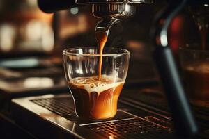 Expresso verser de café machine écoulement dans le clair petit verre dans café ai génératif photo