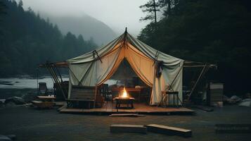 génératif ai, camping Extérieur concept dans neutre en sourdine couleurs, touristique camp photo