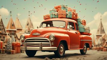 génératif ai, ancien Noël voiture avec beaucoup cadeaux, bleu et rouge couleurs. salutation Noël carte, hiver vacances photo