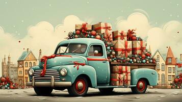 génératif ai, ancien Noël voiture avec beaucoup cadeaux, bleu et rouge couleurs. salutation Noël carte, hiver vacances photo