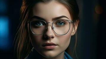 une femme portant des lunettes dans une foncé pièce ai génératif photo