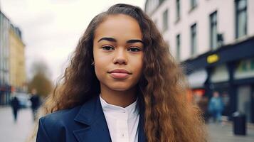 une Jeune femme avec longue cheveux permanent dans le rue ai génératif photo