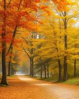 photo route est entouré par des arbres avec coloré feuilles pendant tomber généré par ai