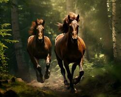 fonctionnement les chevaux dans le forêt - génératif ai photo