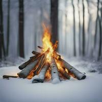 crépuscule dans le forêt. neige autour et seulement feu de camp laisse survivre dure temps, génératif ai photo