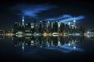 panoramique horizon et moderne commercial bâtiments, paysage urbain à nuit réflexion sur le l'eau. génératif ai photo