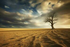 solitaire arbre dans désert avec nuageux ciel, magnifique paysage, génératif ai photo