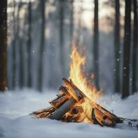 crépuscule dans le forêt. neige autour et seulement feu de camp laisse survivre dure temps, génératif ai photo