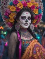 magnifique femme avec peint crâne sur sa visage pour le mexique journée de le mort photo