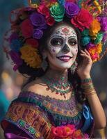 magnifique femme avec peint crâne sur sa visage pour le mexique journée de le mort photo