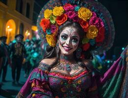 magnifique femme avec peint crâne sur sa visage pour le mexique journée de le mort photo