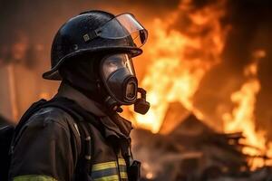 concentré pompier avec casque à action avec brûlant Feu à Contexte génératif ai photo