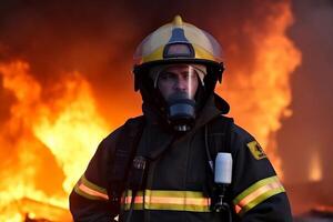 concentré pompier avec casque à action avec Feu à Contexte génératif ai photo