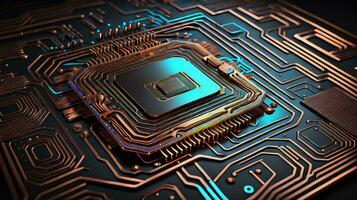 abstrait La technologie circuit conception CPU carte mère de une ordinateur planche et processeur établi avec génératif ai photo