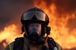 concentré pompier avec casque à action avec brûlant Feu à Contexte génératif ai photo