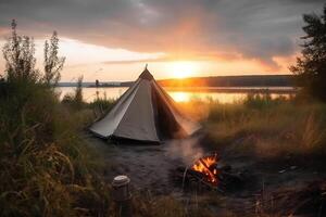 feu de camp et tente comme été vacances dans sauvage la nature génératif ai photo