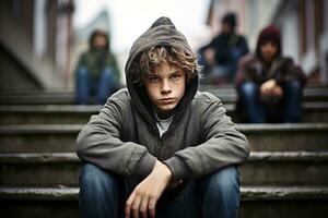 une Jeune garçon est assis sur le escaliers suivant à autre Jeune les enfants photo